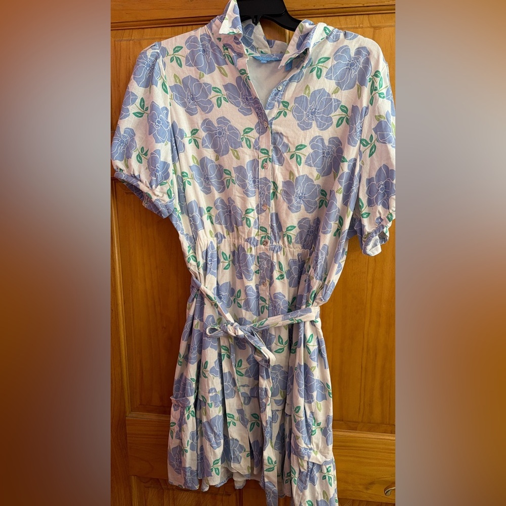 Draper James Lavender Floral Button-Front Mini Dress with Green Leaves